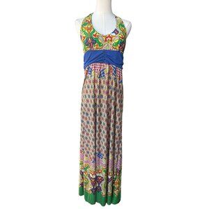 Mon Amie Boho Babydoll Halter Maxi Dress Size L Patchwork Art To Wear Artsy